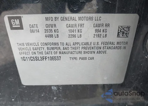 2015 Chevrolet Malibu 1Lt из США, поврежденный, VIN 1G11C5SL3FF106537